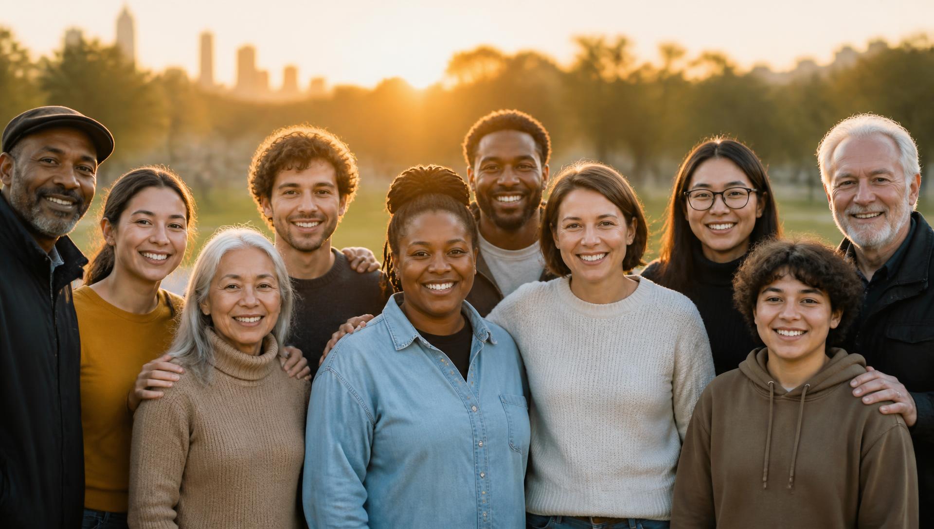 A diverse group of community members standing together outdoors at sunset